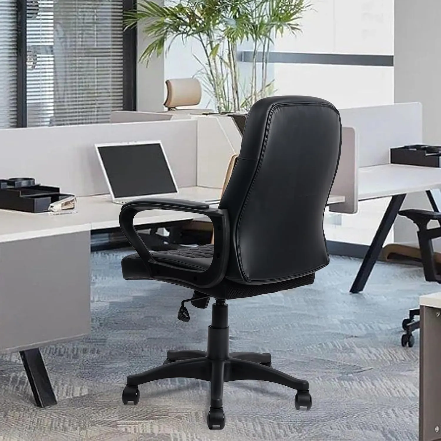 CLATINA Office Chair - Mid Back Leather Computer Desk Chairs with Wheels, Ergonomic Executive Swivel Stool with Lumbar Support, Armrest for Home Office, Black