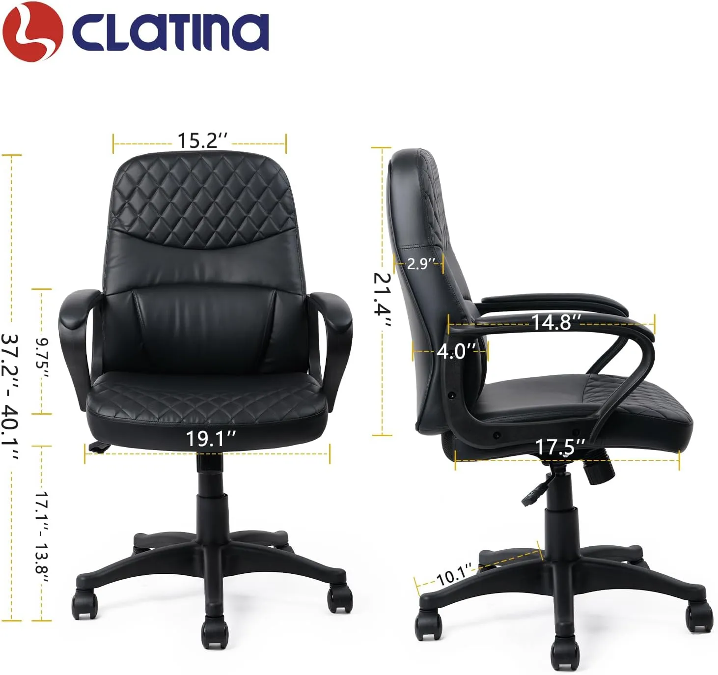 CLATINA Office Chair - Mid Back Leather Computer Desk Chairs with Wheels, Ergonomic Executive Swivel Stool with Lumbar Support, Armrest for Home Office, Black