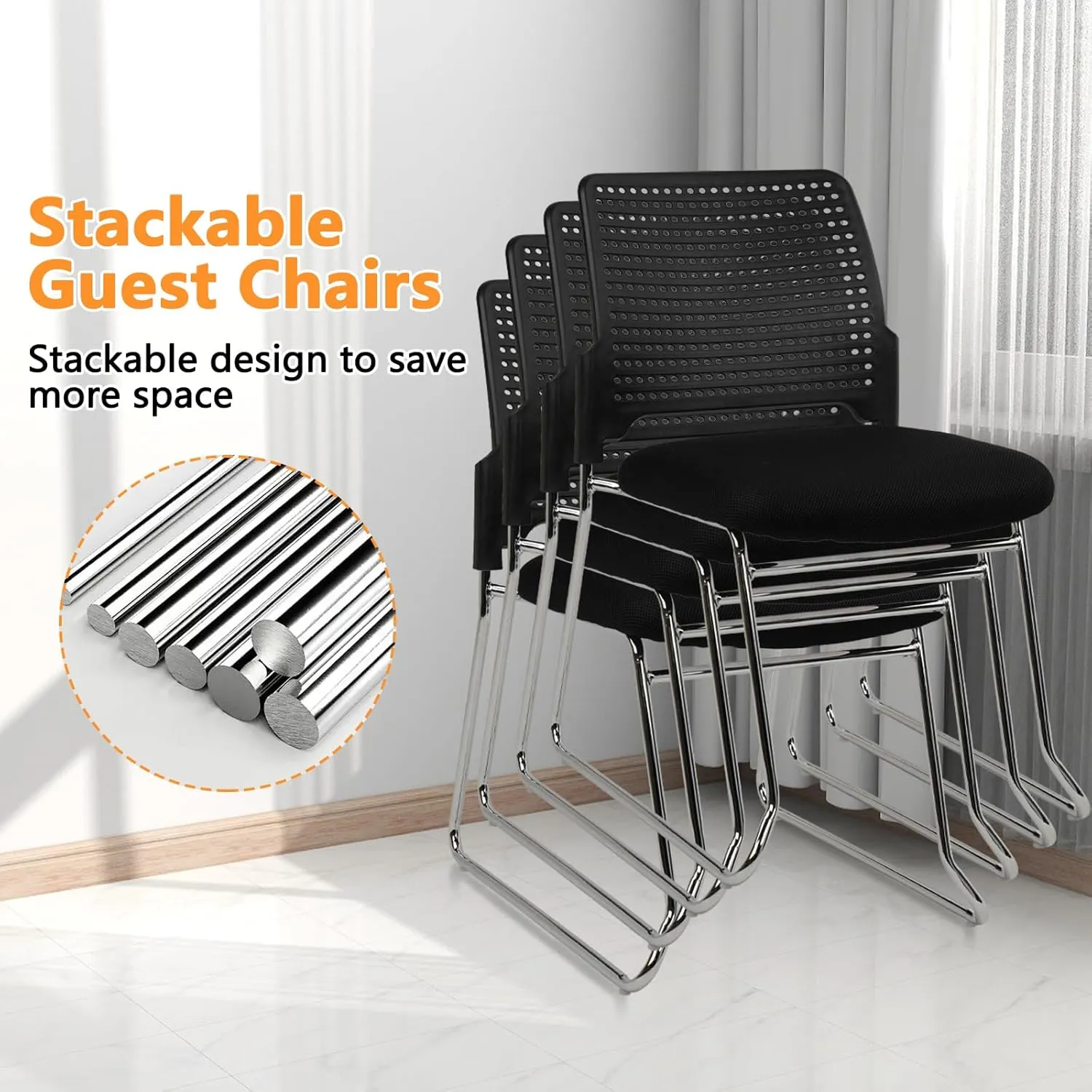 CLATINA Stacking Chair Set of 12, Office Waiting Reception Stackable Armless Chairs with Padded Seat Sled Base, Plastic Desk Chair No Wheels for Conference Lobby Break Room Guest Training, Black