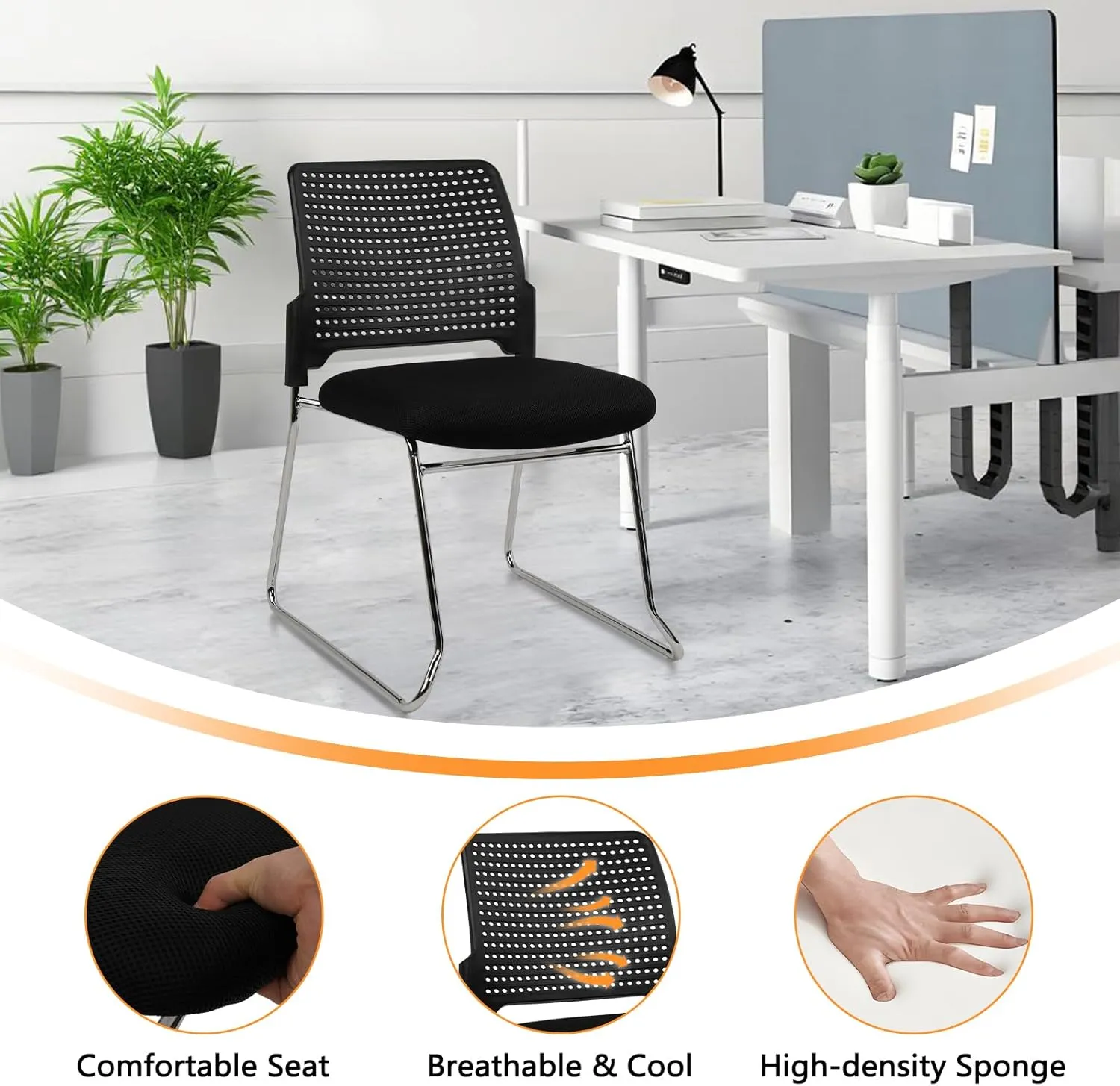 CLATINA Stacking Chair Set of 12, Office Waiting Reception Stackable Armless Chairs with Padded Seat Sled Base, Plastic Desk Chair No Wheels for Conference Lobby Break Room Guest Training, Black