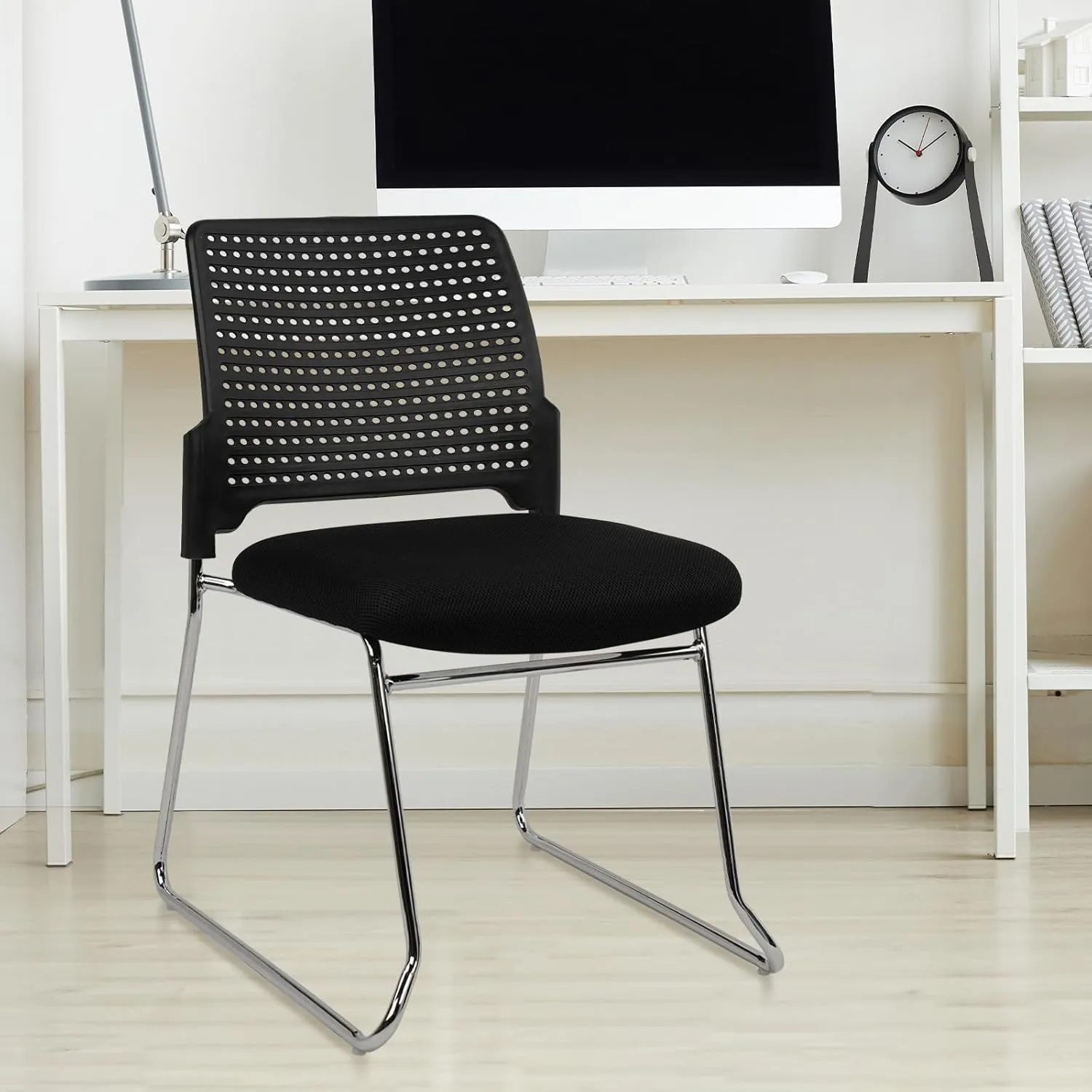 CLATINA Stacking Chair Set of 12, Office Waiting Reception Stackable Armless Chairs with Padded Seat Sled Base, Plastic Desk Chair No Wheels for Conference Lobby Break Room Guest Training, Black