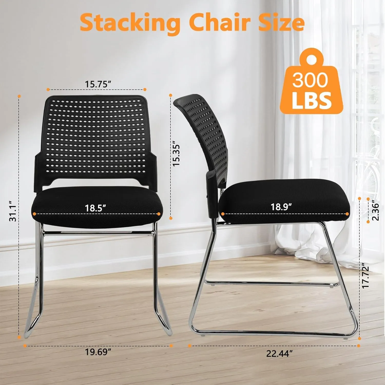 CLATINA Stacking Chair Set of 12, Office Waiting Reception Stackable Armless Chairs with Padded Seat Sled Base, Plastic Desk Chair No Wheels for Conference Lobby Break Room Guest Training, Black