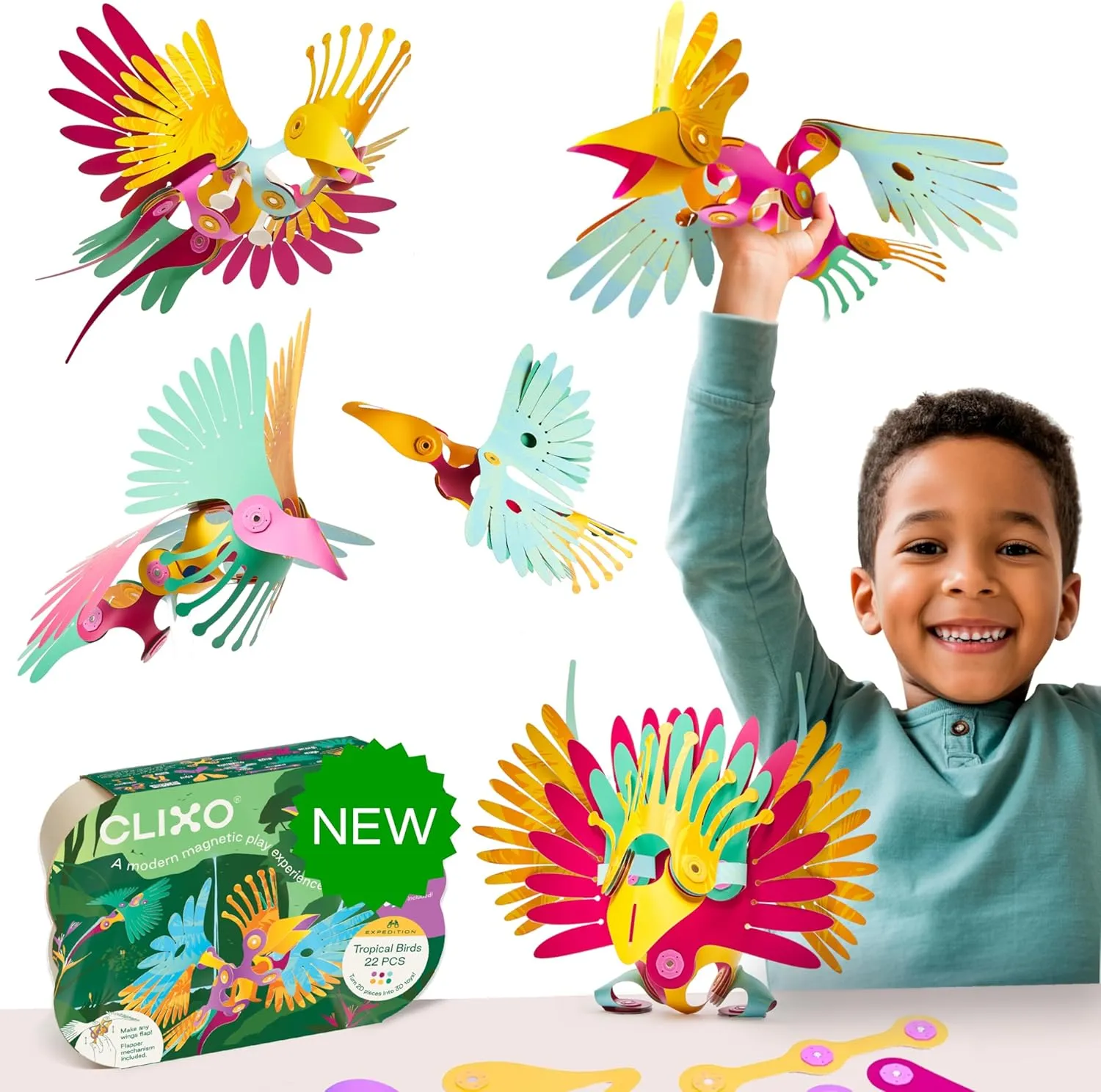Clixo Tropical Birds Pack - Magnetic STEAM Building Toy Set with Custom Wing-Flapping Mechanism for Creative Play, Ages 6 