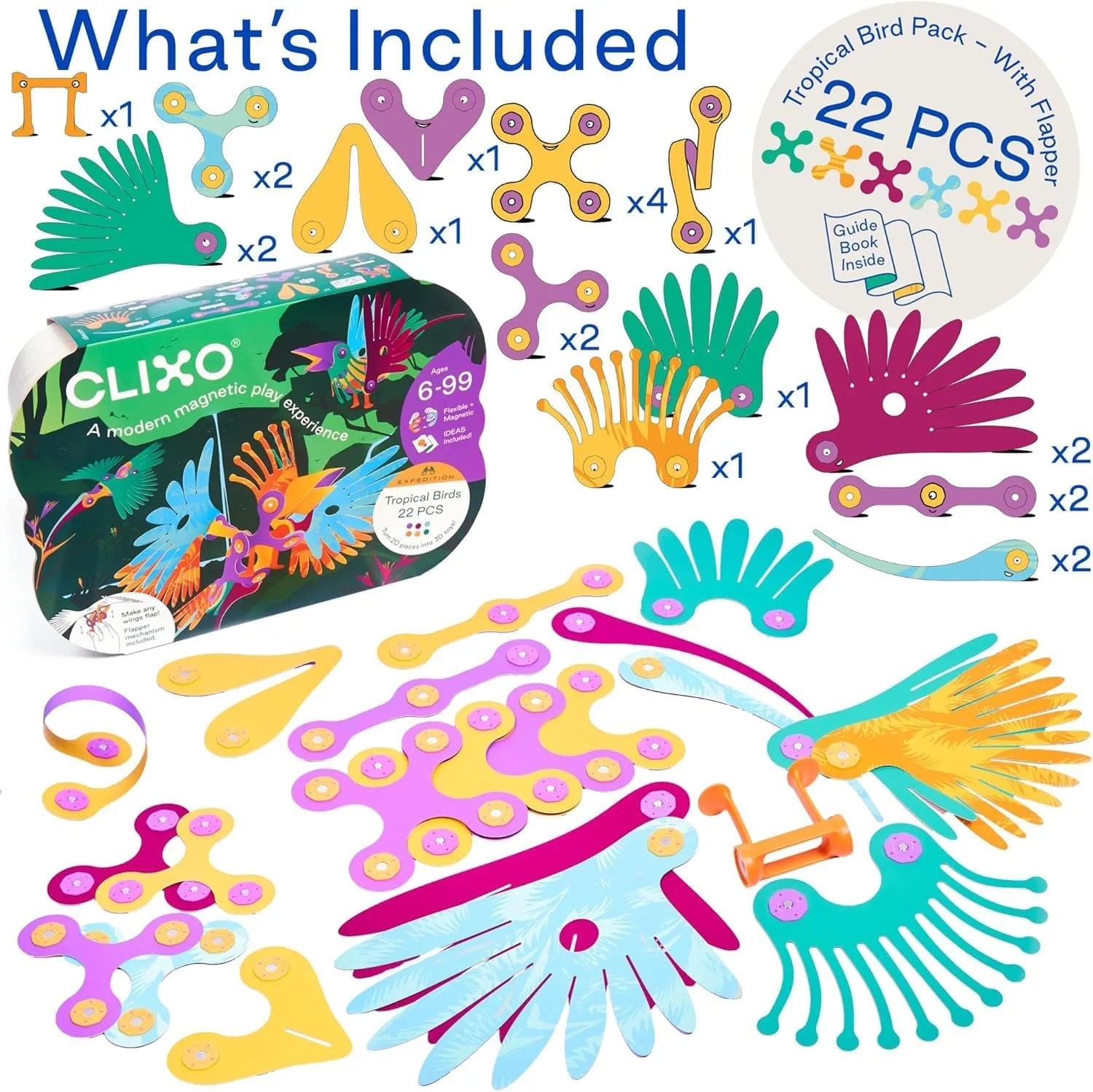 Clixo Tropical Birds Pack - Magnetic STEAM Building Toy Set with Custom Wing-Flapping Mechanism for Creative Play, Ages 6 
