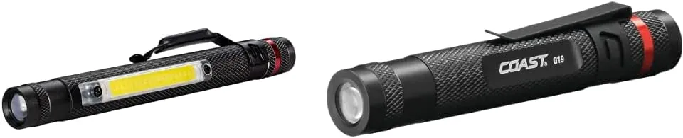 COAST® G23 120 Lumen Alkaline Dual Power Magnetic LED Penlight & G19 54 Lumen Inspection Beam LED Penlight with Adjustable Pocket Clip and Consistent Edge-To-Edge Brightness, Black