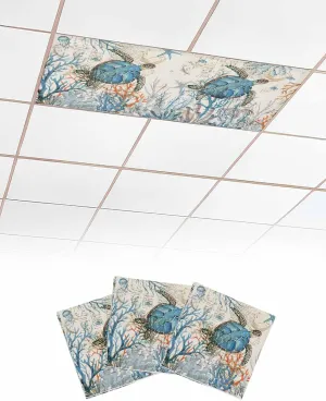 Coastal Sea Turtle Fluorescent Light Covers for Ceiling Lights 4x2 feet,3 Pack Magnetic Light Filters for Classroom,Retro Ocean Coral Starfish Marine Life Fluorescent Lights Shade Panel for Office
