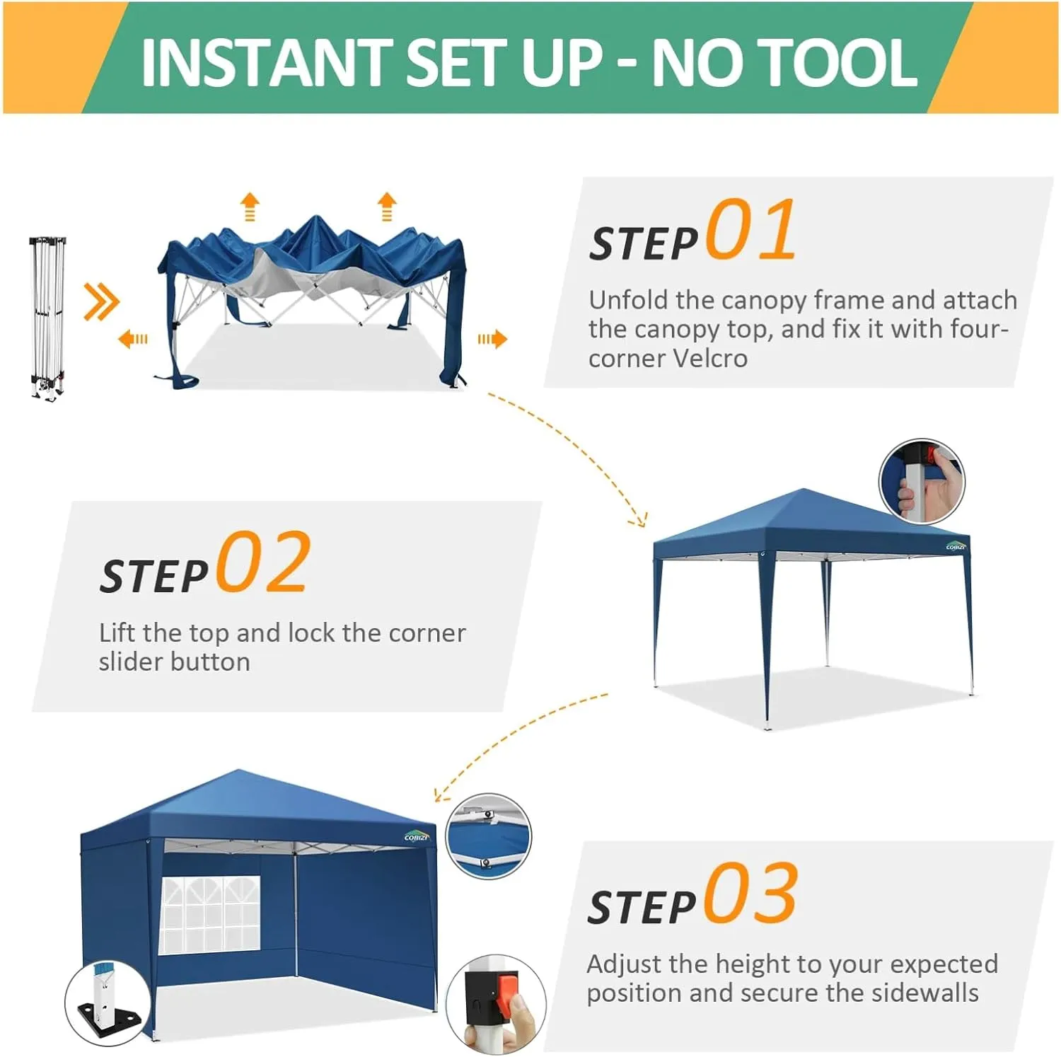 COBIZI 10x10 Pop Up Canopy Tent with 3 Sidewalls, Easy Up Canopy 10x10 Waterproof Commercial Outdoor Gazebo Portable Shelter Instant Tents for Parties,Backyard,Flea Market(Carrying Bag×1.