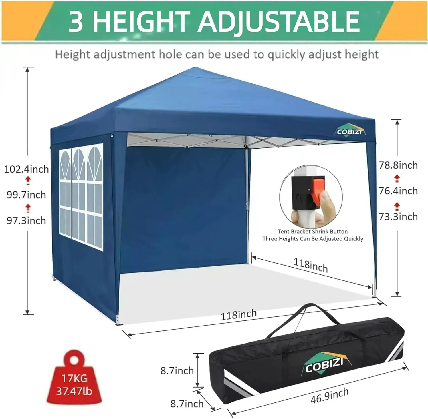 COBIZI 10x10 Pop Up Canopy Tent with 3 Sidewalls, Easy Up Canopy 10x10 Waterproof Commercial Outdoor Gazebo Portable Shelter Instant Tents for Parties,Backyard,Flea Market(Carrying Bag×1.