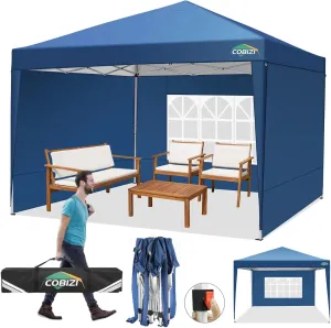 COBIZI 10x10 Pop Up Canopy Tent with 3 Sidewalls, Easy Up Canopy 10x10 Waterproof Commercial Outdoor Gazebo Portable Shelter Instant Tents for Parties,Backyard,Flea Market(Carrying Bag×1.