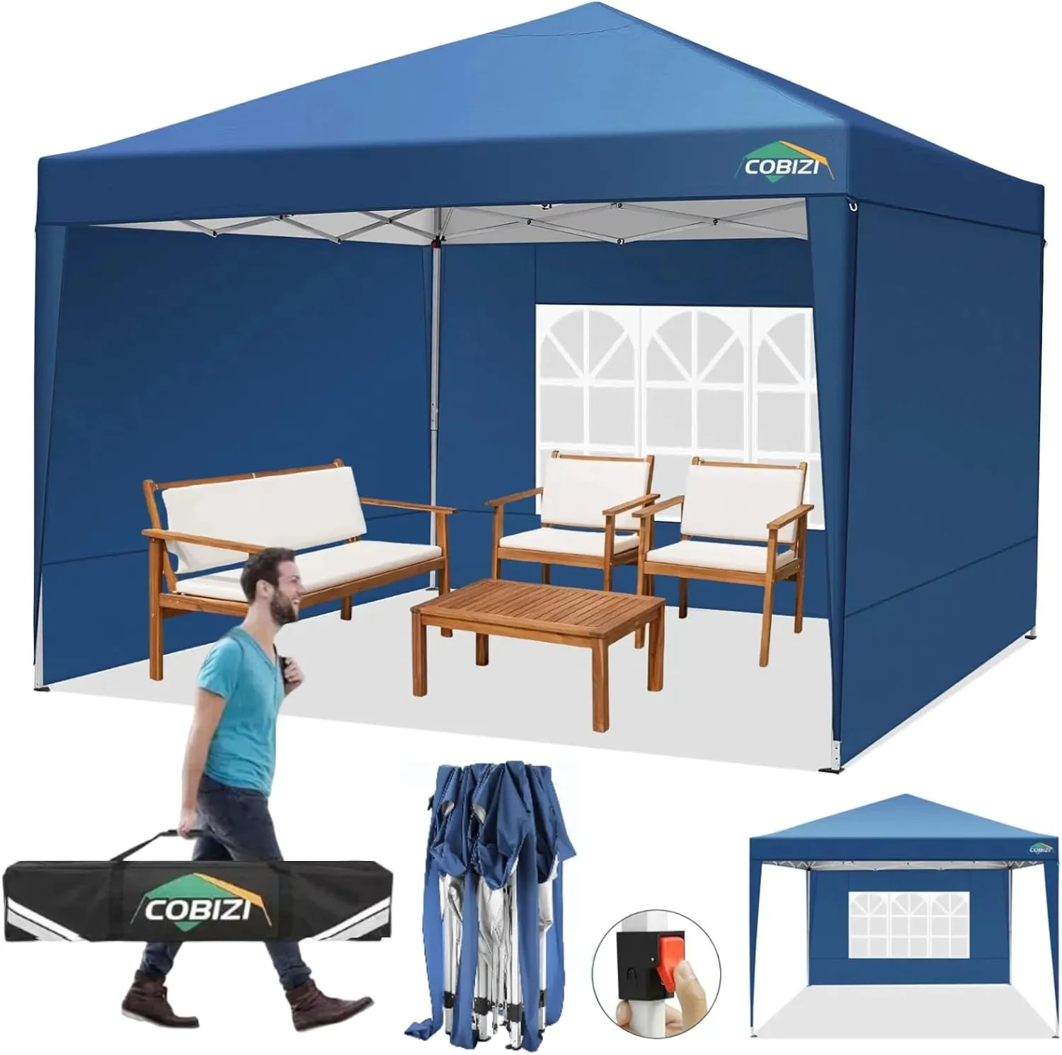COBIZI 10x10 Pop Up Canopy Tent with 3 Sidewalls, Easy Up Canopy 10x10 Waterproof Commercial Outdoor Gazebo Portable Shelter Instant Tents for Parties,Backyard,Flea Market(Carrying Bag×1.
