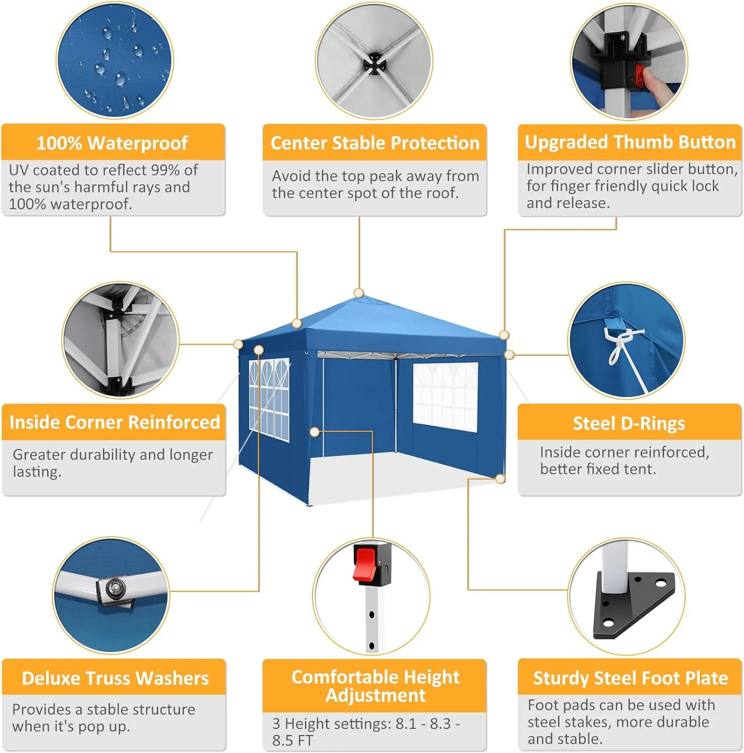 COBIZI 10x10 Pop Up Canopy Tent with 3 Sidewalls, Easy Up Canopy 10x10 Waterproof Commercial Outdoor Gazebo Portable Shelter Instant Tents for Parties,Backyard,Flea Market(Carrying Bag×1.