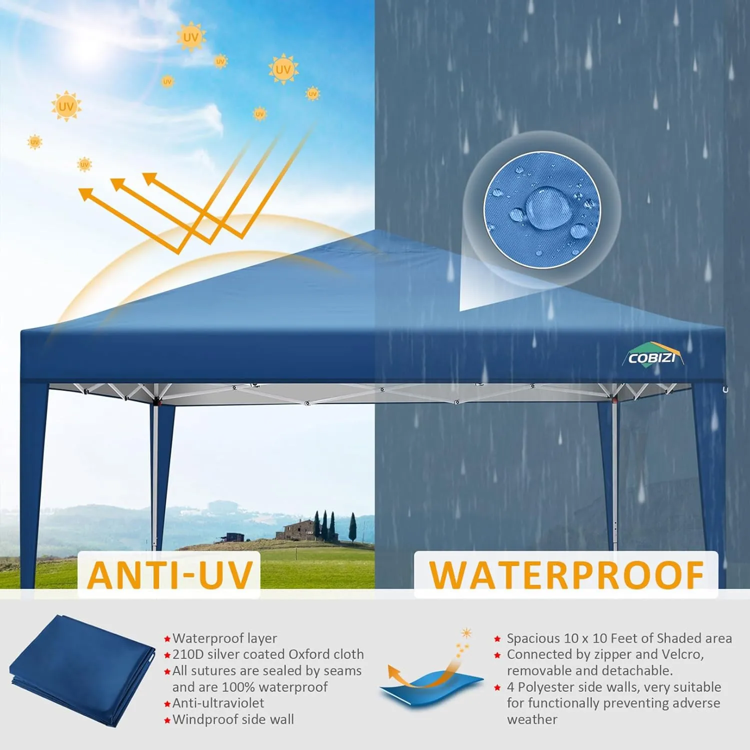 COBIZI 10x10 Pop Up Canopy Tent with 3 Sidewalls, Easy Up Canopy 10x10 Waterproof Commercial Outdoor Gazebo Portable Shelter Instant Tents for Parties,Backyard,Flea Market(Carrying Bag×1.