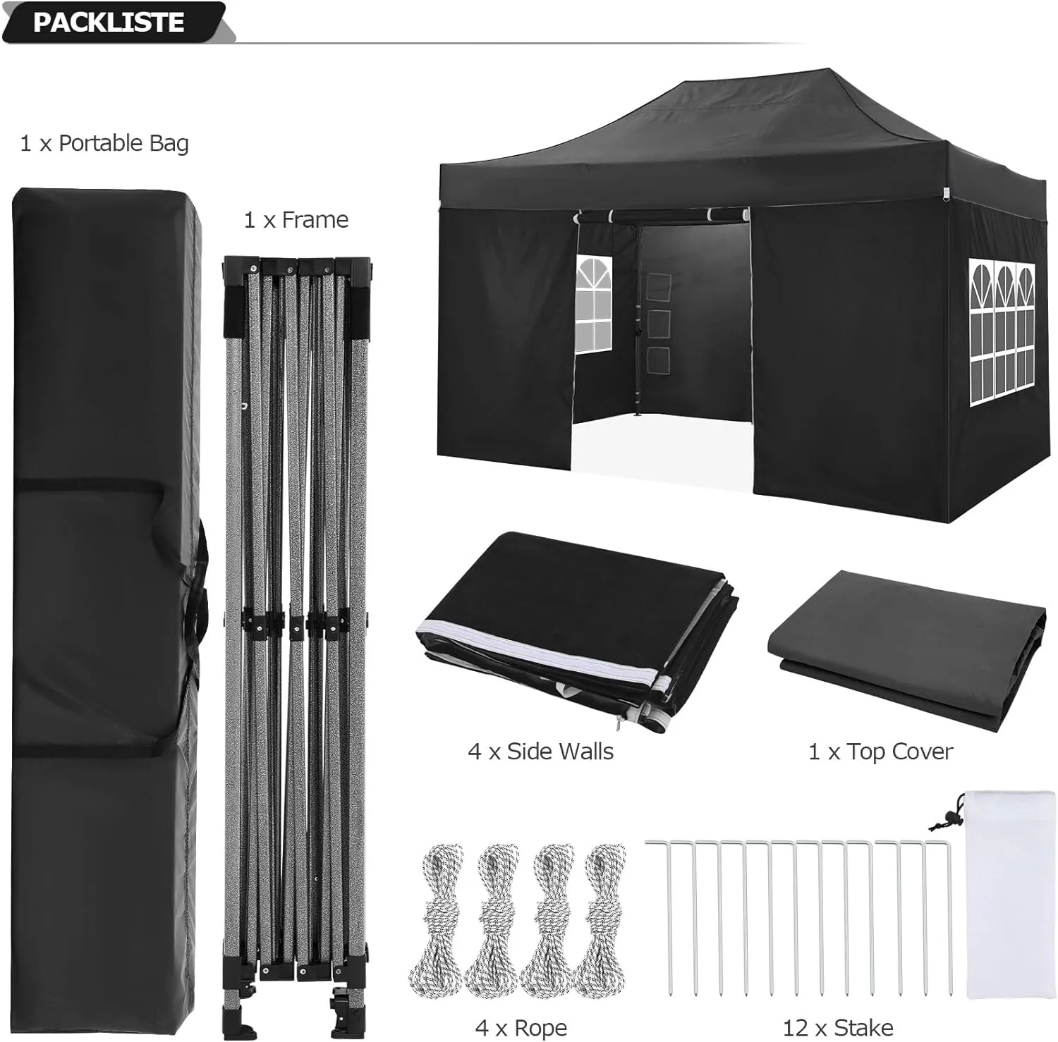 COBIZI 10x15 Pop Up Canopy with 4 Sidewall,Heavy Duty Canopy UPF 50  All Season Wind Waterproof Commercial Outdoor Wedding Party Tents for Parties Gazebo with Carry Bag(10 x 15 ft Black)