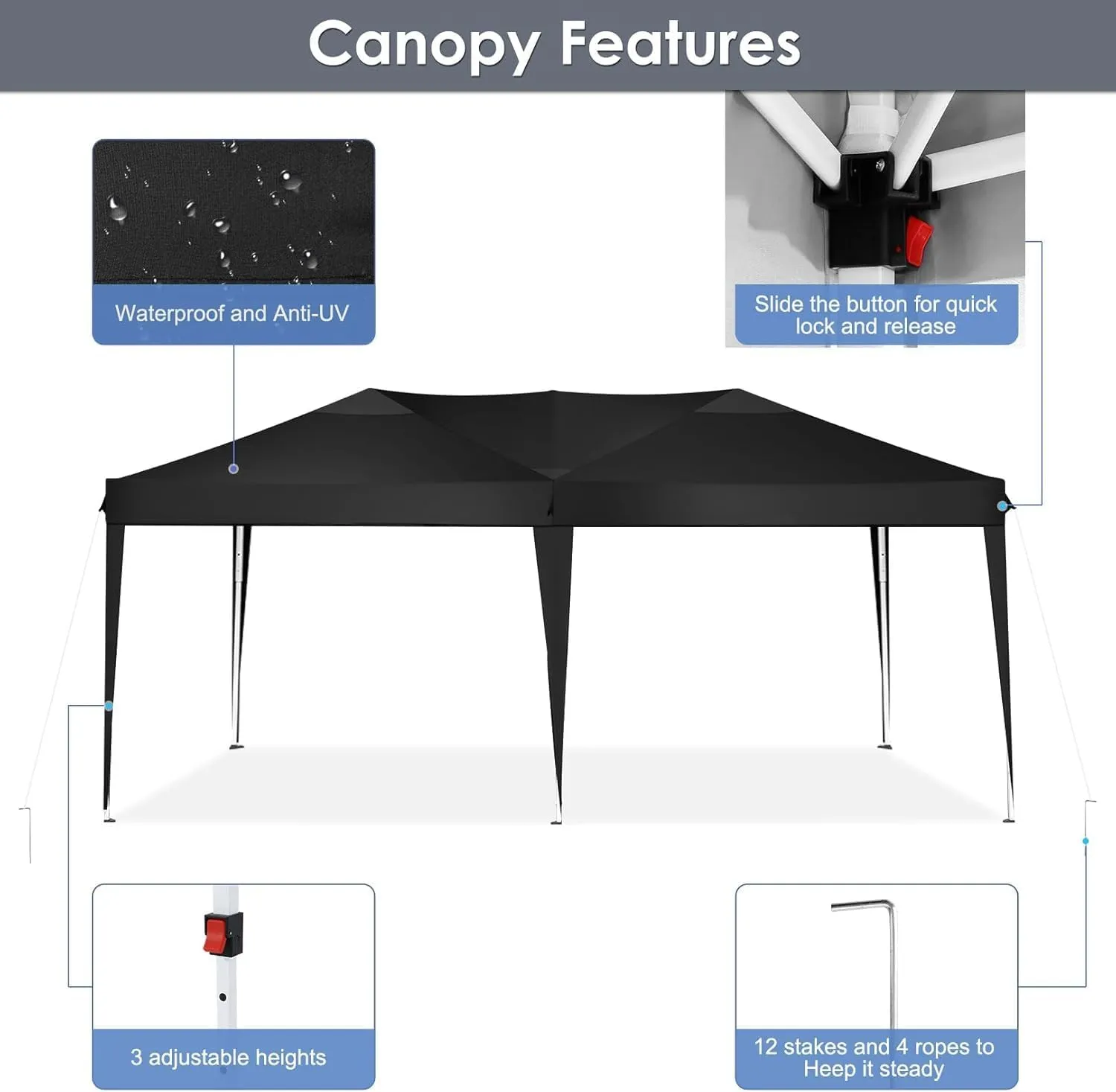 COBIZI Canopy 10x20 Pop Up Canopy Tent Party Tents for Parties Weddings Backyard Waterproof Canopy Outdoor Commercial Instant Canopy Event Tent with Stakes, Ropes,Sandbags, Black