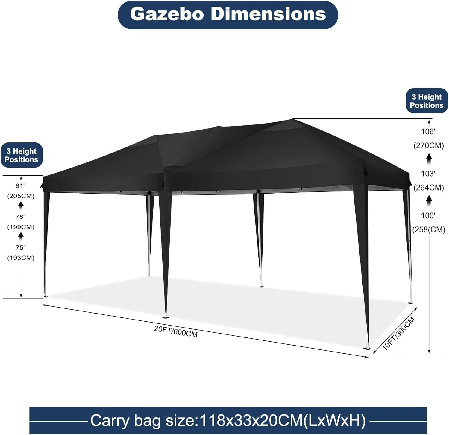 COBIZI Canopy 10x20 Pop Up Canopy Tent Party Tents for Parties Weddings Backyard Waterproof Canopy Outdoor Commercial Instant Canopy Event Tent with Stakes, Ropes,Sandbags, Black