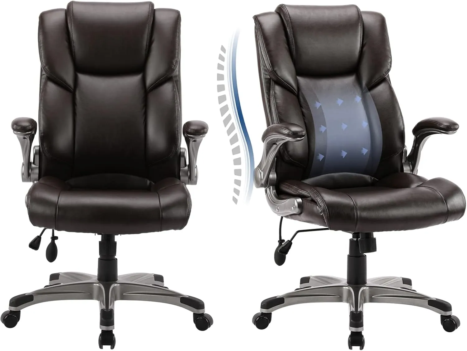 COLAMY Leather Executive Office Chair- High Back Home Computer Desk Chair with Padded Flip-up Arms, Adjustable Tilt Lock, Swivel Rolling Ergonomic Chair for Adult Working Study-Brown, Set of 2