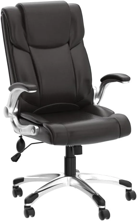 COLAMY Leather Executive Office Chair- High Back Home Computer Desk Chair with Padded Flip-up Arms, Adjustable Tilt Lock, Swivel Rolling Ergonomic Chair for Adult Working Study-Brown, Set of 2