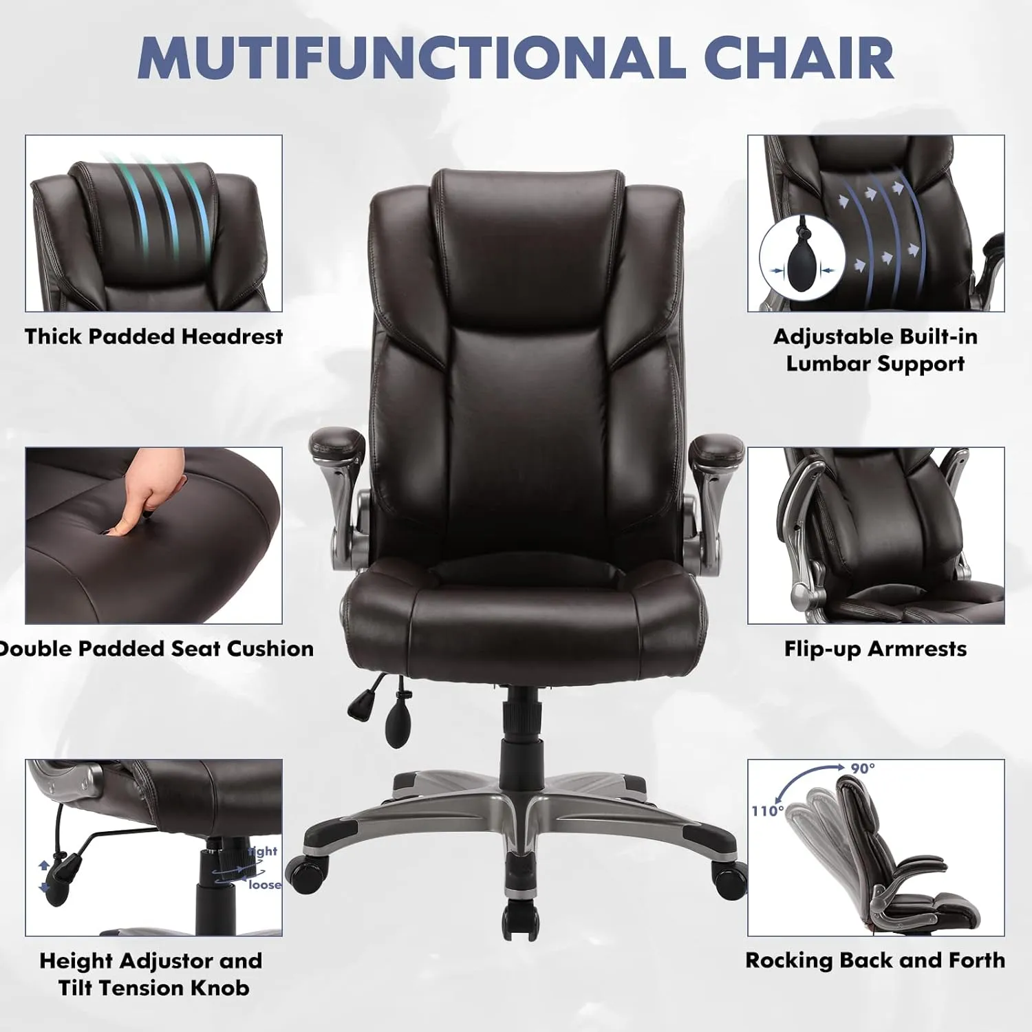 COLAMY Leather Executive Office Chair- High Back Home Computer Desk Chair with Padded Flip-up Arms, Adjustable Tilt Lock, Swivel Rolling Ergonomic Chair for Adult Working Study-Brown, Set of 2