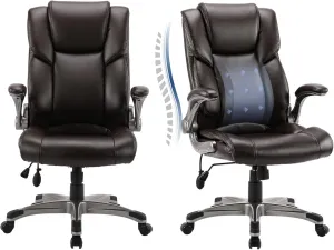 COLAMY Leather Executive Office Chair- High Back Home Computer Desk Chair with Padded Flip-up Arms, Adjustable Tilt Lock, Swivel Rolling Ergonomic Chair for Adult Working Study-Brown, Set of 2