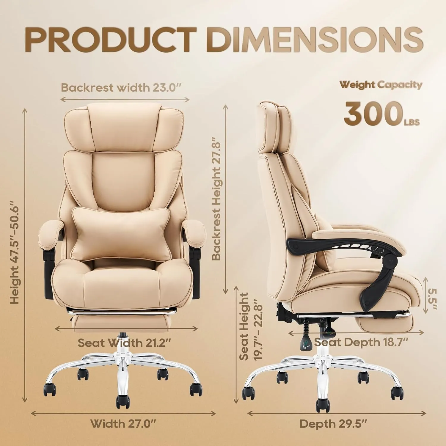 COLAMY Office Chair with Retractable Footrest, Ergonomic High Back Design Executive Computer Desk Chair with Removable Lumbar Pillow, 90-135°Reclining, Thick Bonded Leather for Home Office Work, Khaki