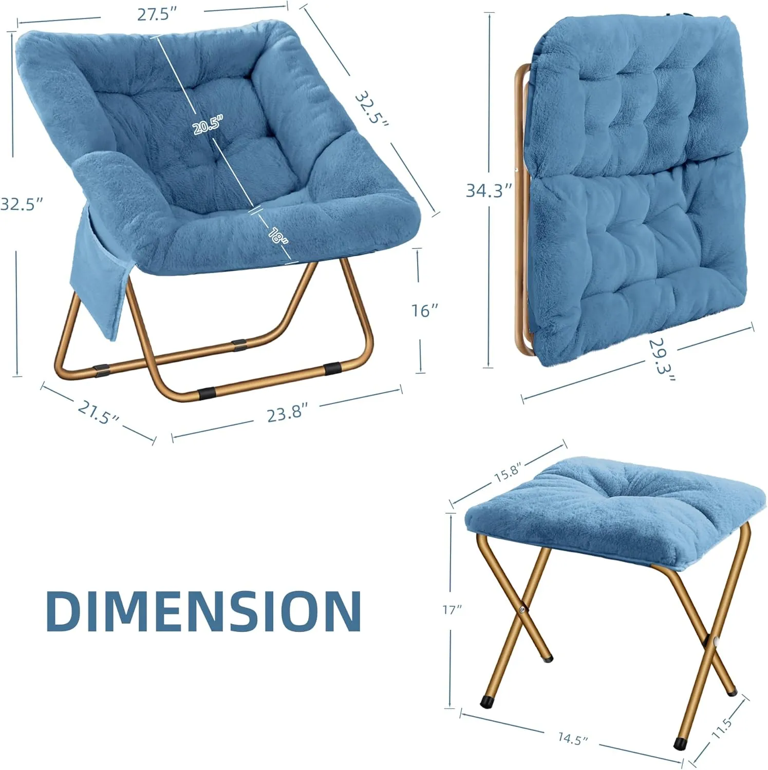 Comfy Saucer Chair, Foldable Living Room Chairs, Soft Faux Fur Lounge Chair for Bedroom, Reading Chairs for Adults, Kids, X-Large (Blue)