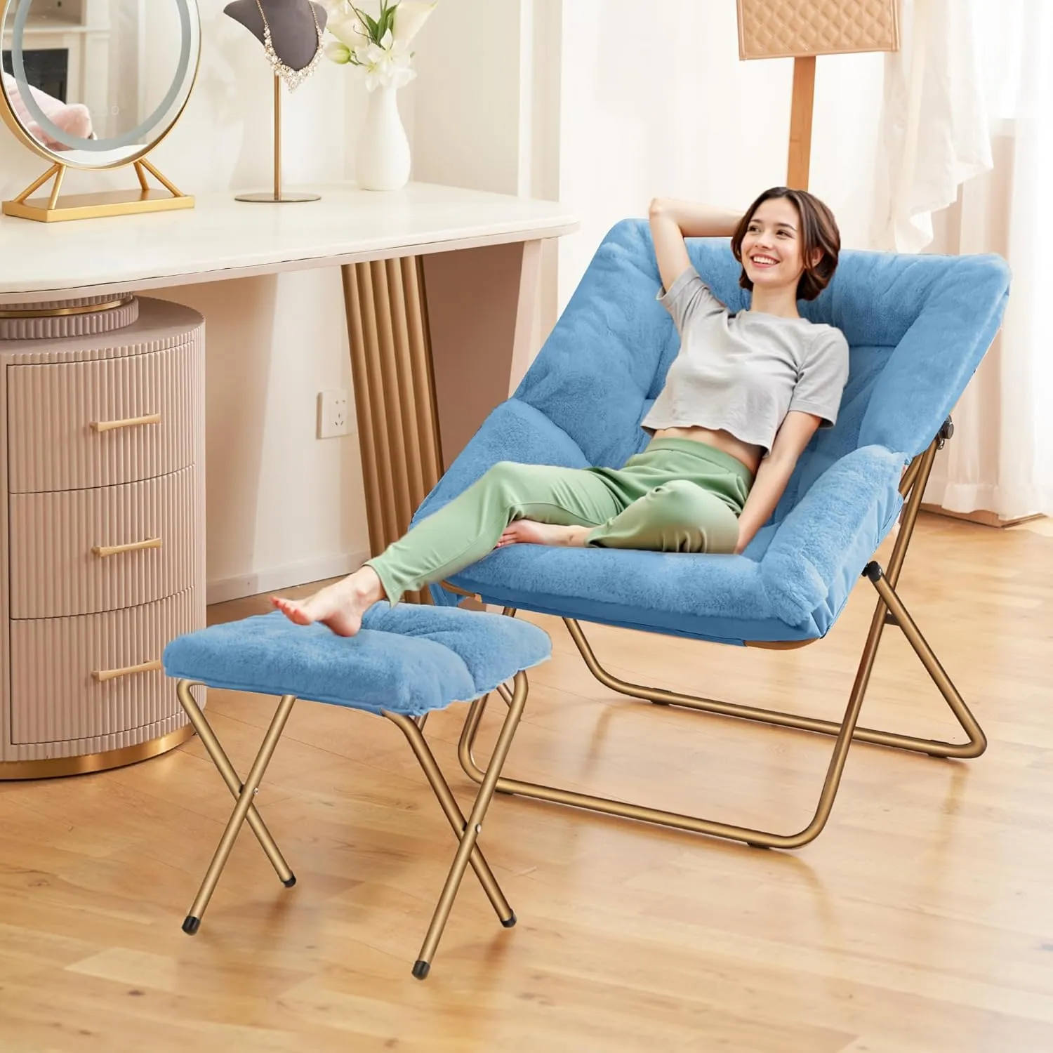 Comfy Saucer Chair, Foldable Living Room Chairs, Soft Faux Fur Lounge Chair for Bedroom, Reading Chairs for Adults, Kids, X-Large (Blue)