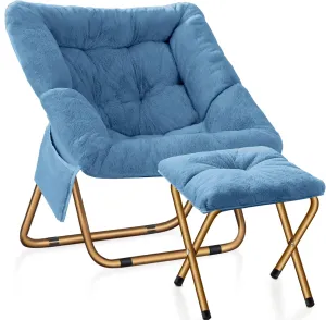 Comfy Saucer Chair, Foldable Living Room Chairs, Soft Faux Fur Lounge Chair for Bedroom, Reading Chairs for Adults, Kids, X-Large (Blue)