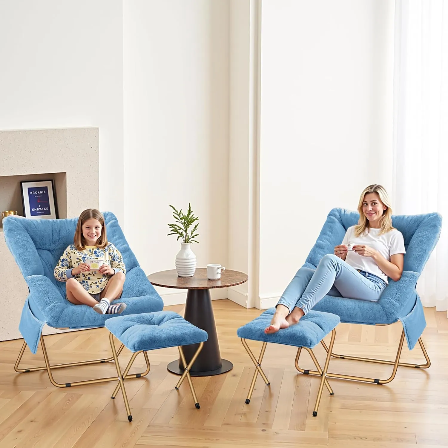 Comfy Saucer Chair, Foldable Living Room Chairs, Soft Faux Fur Lounge Chair for Bedroom, Reading Chairs for Adults, Kids, X-Large (Blue)