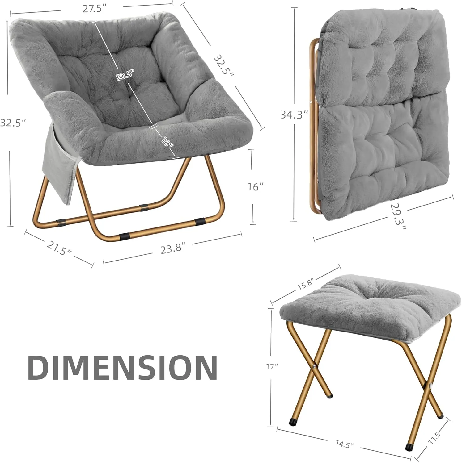 Comfy Saucer Chair, Foldable Living Room Chairs, Soft Faux Fur Lounge Chair for Bedroom, Reading Chairs for Adults, Kids, X-Large (Grey)