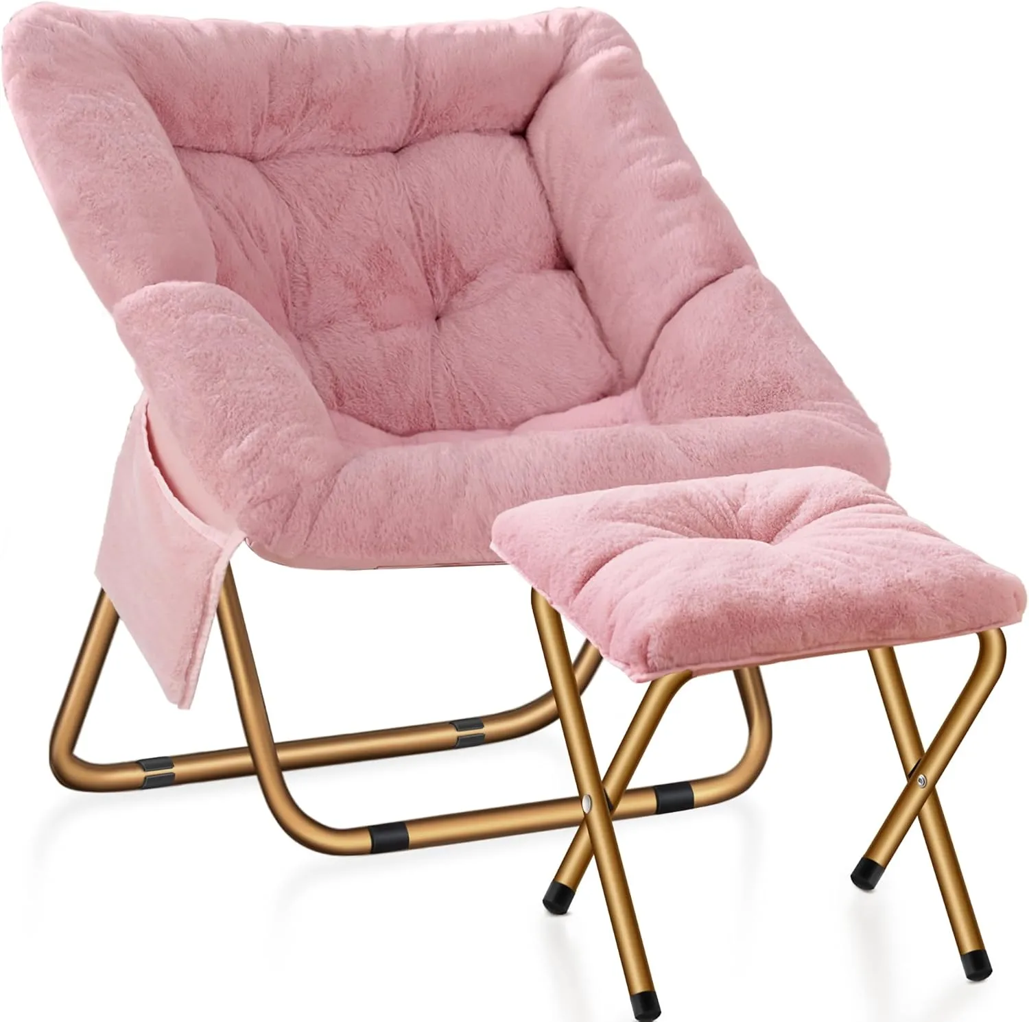 Comfy Saucer Chair, Foldable Living Room Chairs, Soft Faux Fur Lounge Chair for Bedroom, Reading Chairs for Adults, Kids, X-Large (Pink)