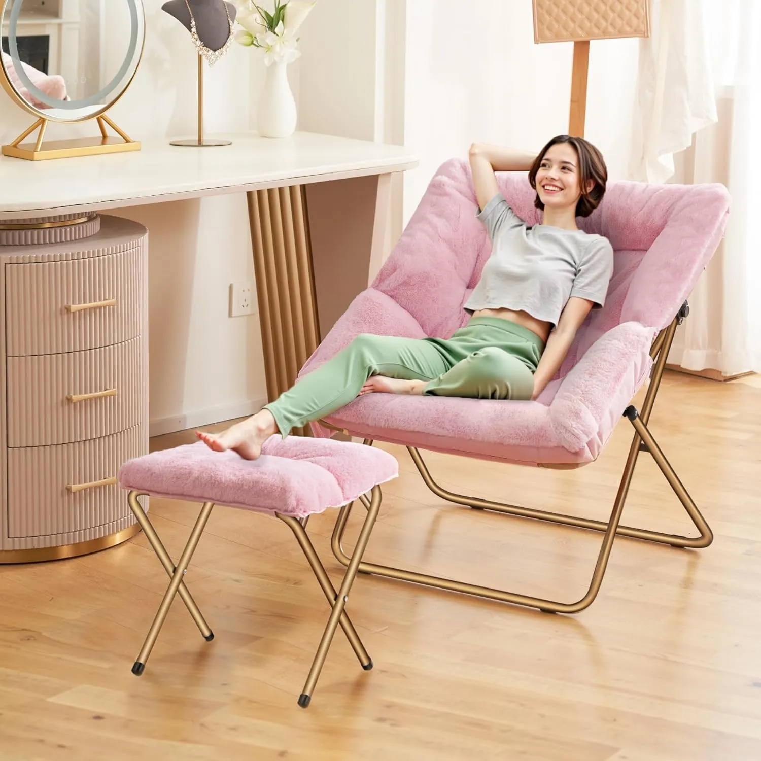 Comfy Saucer Chair, Foldable Living Room Chairs, Soft Faux Fur Lounge Chair for Bedroom, Reading Chairs for Adults, Kids, X-Large (Pink)