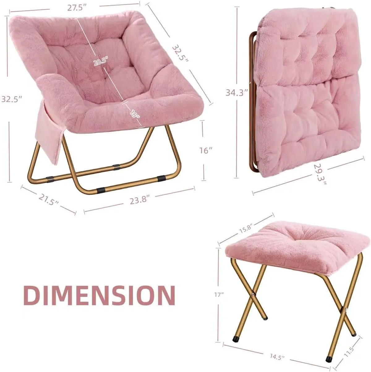 Comfy Saucer Chair, Foldable Living Room Chairs, Soft Faux Fur Lounge Chair for Bedroom, Reading Chairs for Adults, Kids, X-Large (Pink)