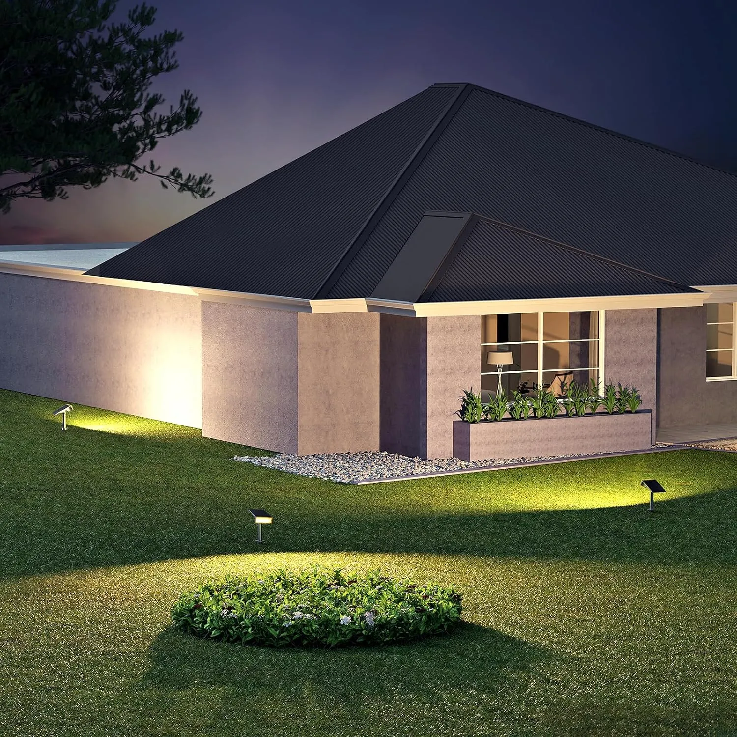 Consciot Solar Spot Lights, Outdoor 3000K Warm White, IP65 Waterproof, Landscape Lights for Yard & Tree House, 4 Pack