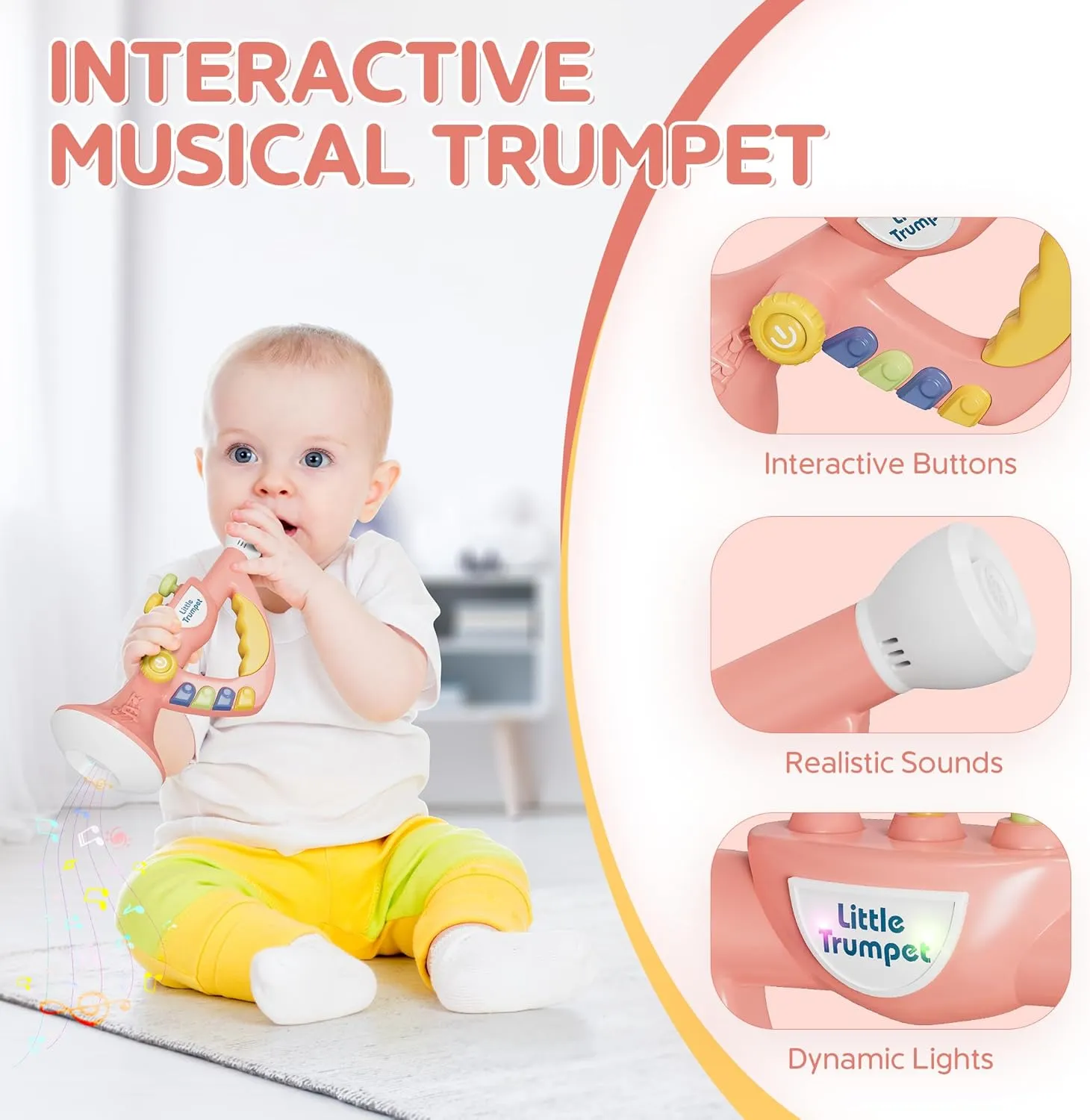Contixo KT2 Musical Trumpet Toy for Kids, Pink Baby Educational Music Toys with Light Effects, Adjustable Volume, Multiple Rhythms, Easy Play Modes, Realistic Whistle Sounds for Toddler Boys Girls