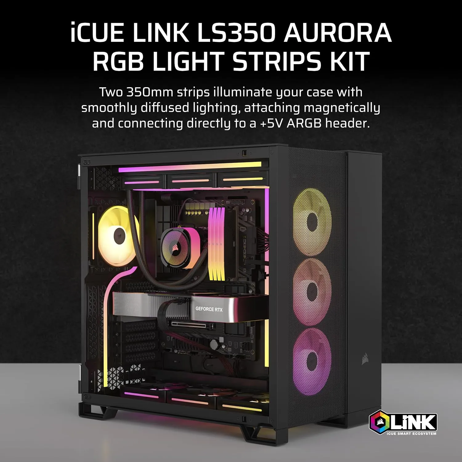 CORSAIR iCUE Link LS350 Aurora RGB Light Strips 350mm Kit – 2X Magnetic Diffused Individually Addressable RGB LED Strips – iCUE Link Adapter and ARGB to iCUE 3-Pin Adapter Cable Included