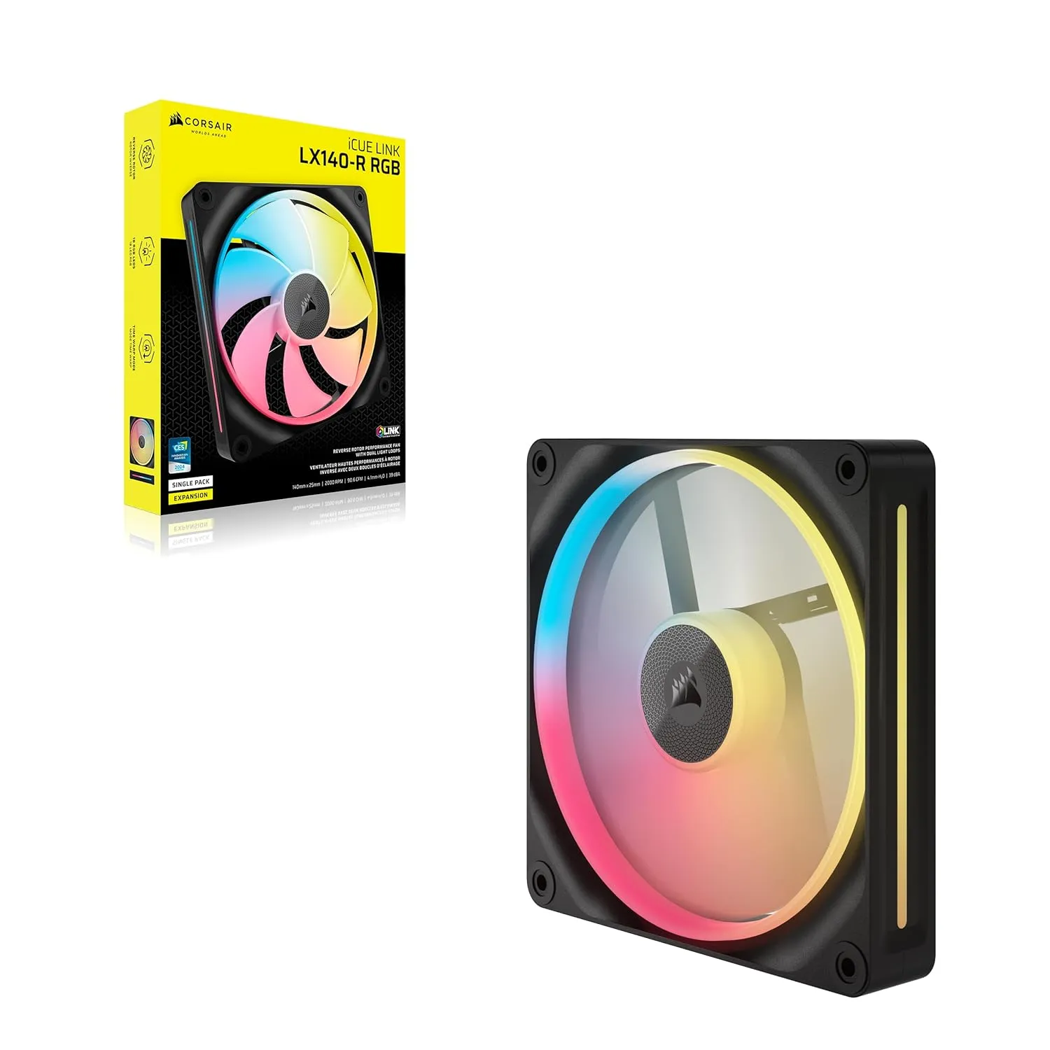 CORSAIR iCUE Link LX140-R RGB 140mm PWM Reverse Fan – Single Fan – Low-Noise, Magnetic Dome Bearing, Dual Light Loops, CORSAIR QuikTurn Screws, Zero RPM Mode – Black