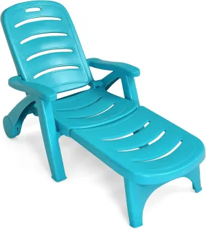 COSTWAY Folding Chaise Lounge with Wheels, 5-Position Adjustable Recliner for Sunbathing, Seaside (Turquoise)