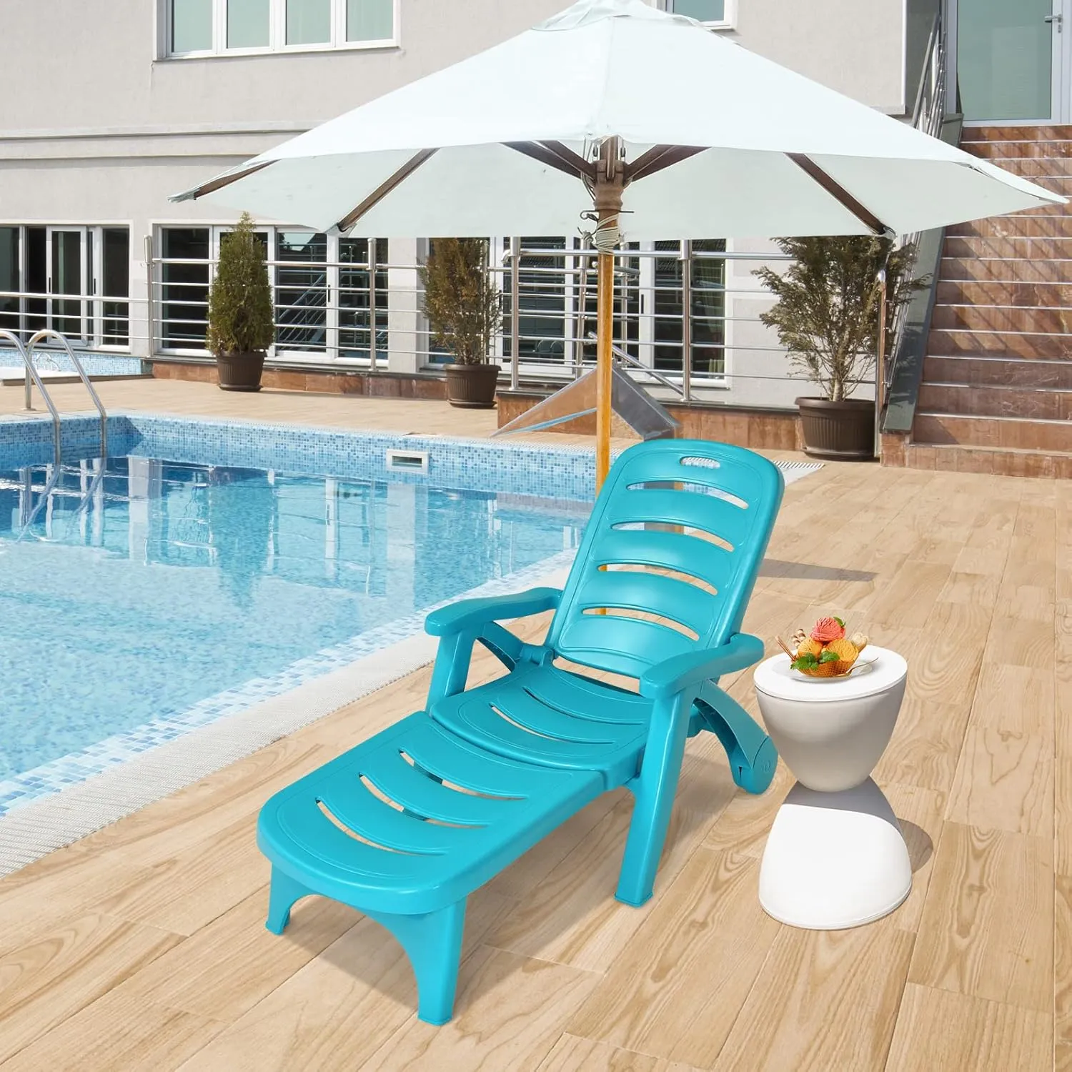 COSTWAY Folding Chaise Lounge with Wheels, 5-Position Adjustable Recliner for Sunbathing, Seaside (Turquoise)