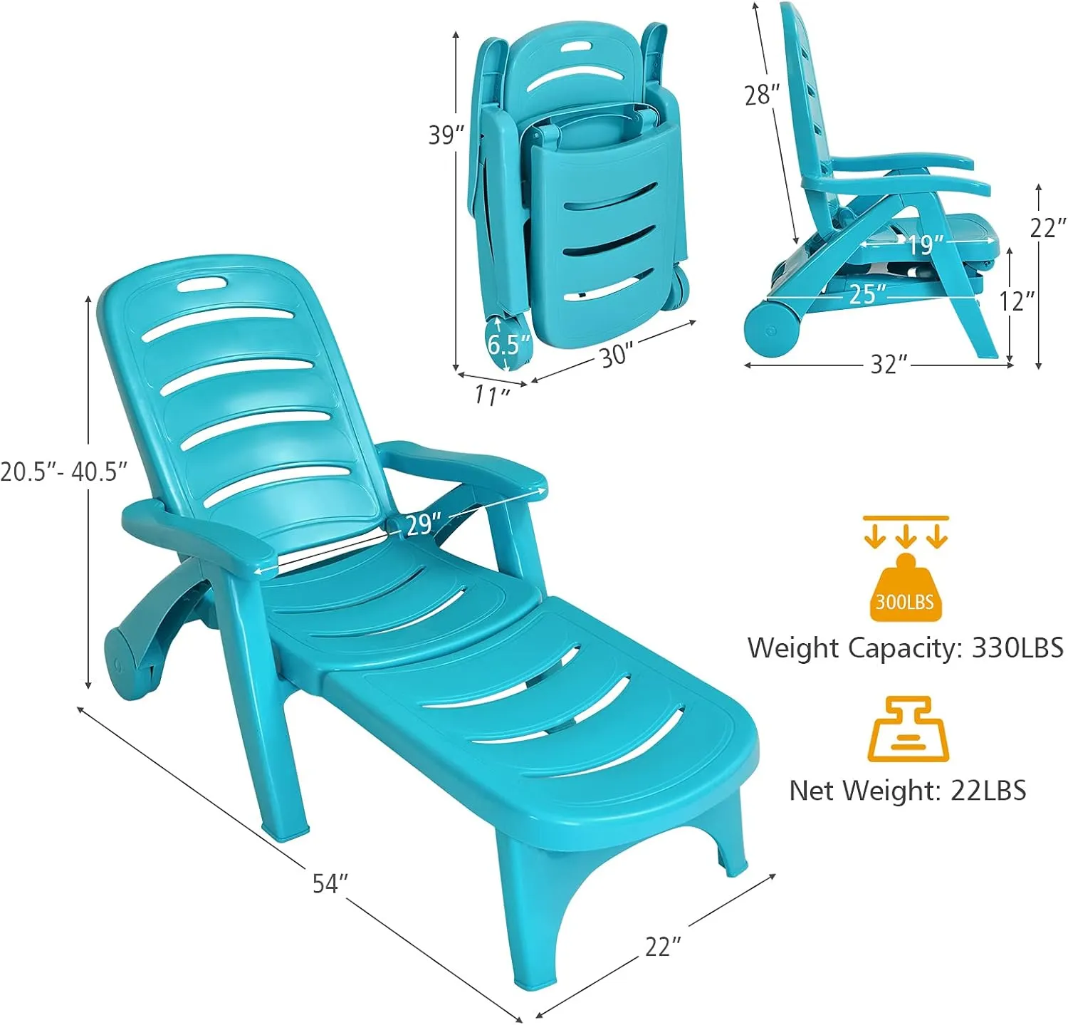 COSTWAY Folding Chaise Lounge with Wheels, 5-Position Adjustable Recliner for Sunbathing, Seaside (Turquoise)