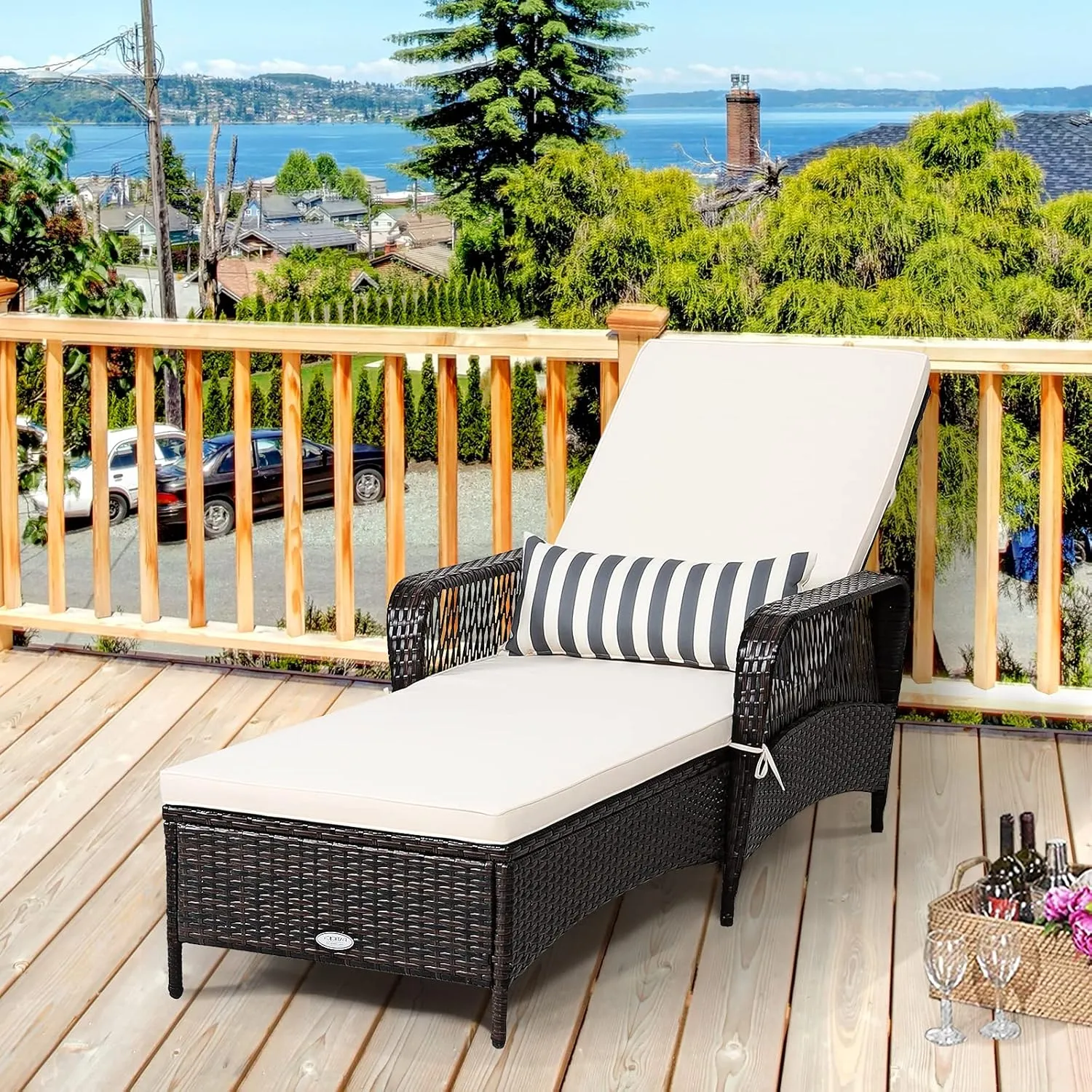COSTWAY PE Rattan Chaise Lounge Chair, 6 Gear Adjustable Recliner with Armrest & Pillow, Wicker Outdoor Furniture for Deck, Patio (1, Brown)