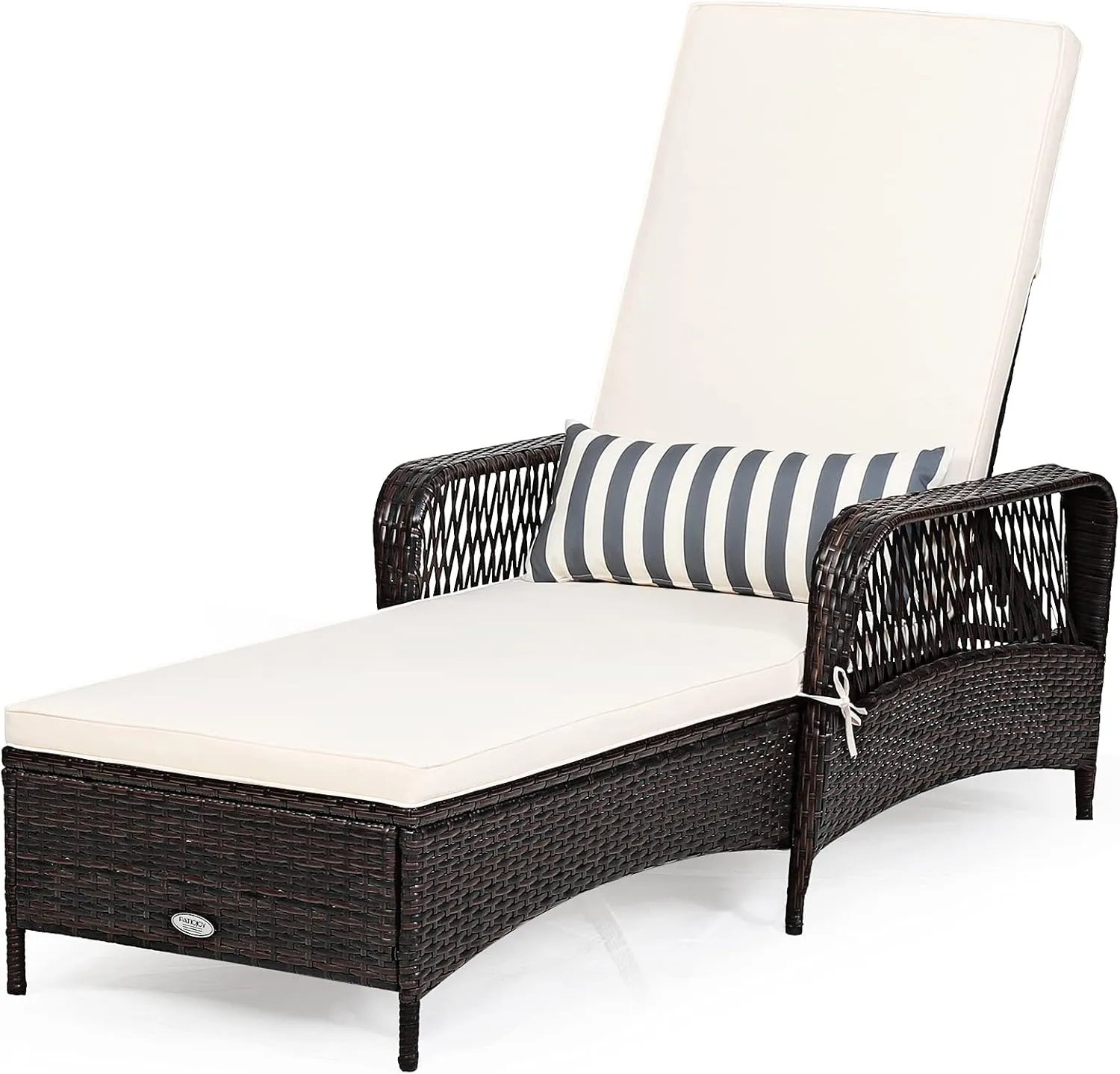 COSTWAY PE Rattan Chaise Lounge Chair, 6 Gear Adjustable Recliner with Armrest & Pillow, Wicker Outdoor Furniture for Deck, Patio (1, Brown)