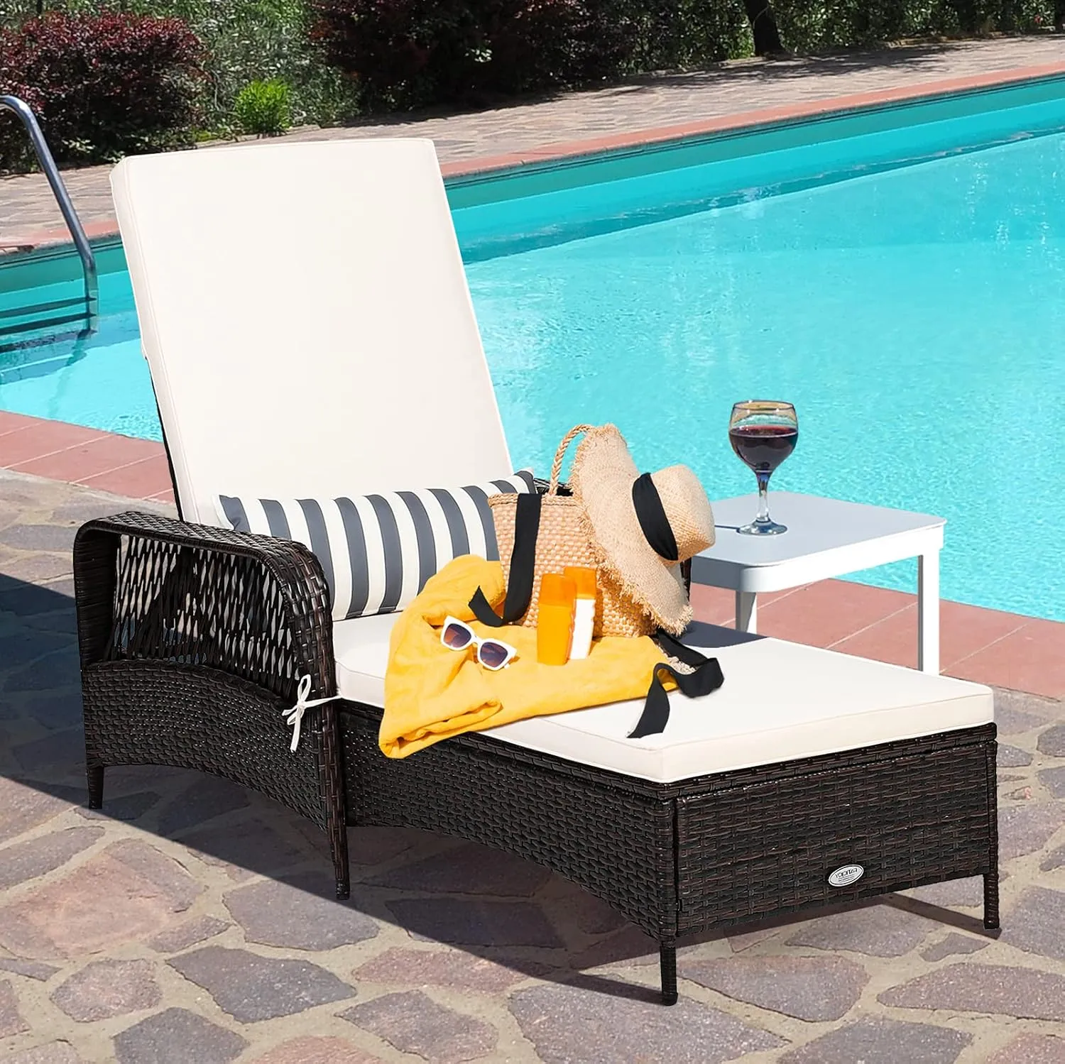 COSTWAY PE Rattan Chaise Lounge Chair, 6 Gear Adjustable Recliner with Armrest & Pillow, Wicker Outdoor Furniture for Deck, Patio (1, Brown)