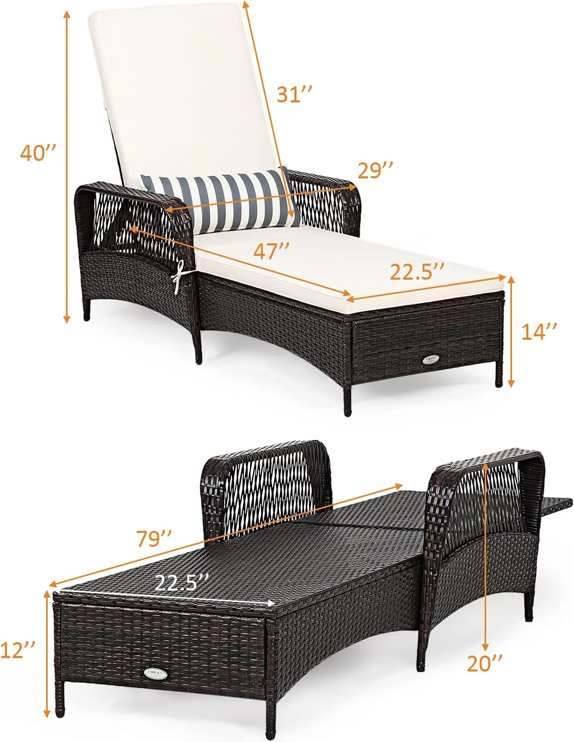 COSTWAY PE Rattan Chaise Lounge Chair, 6 Gear Adjustable Recliner with Armrest & Pillow, Wicker Outdoor Furniture for Deck, Patio (1, Brown)