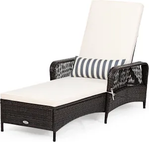 COSTWAY PE Rattan Chaise Lounge Chair, 6 Gear Adjustable Recliner with Armrest & Pillow, Wicker Outdoor Furniture for Deck, Patio (1, Brown)