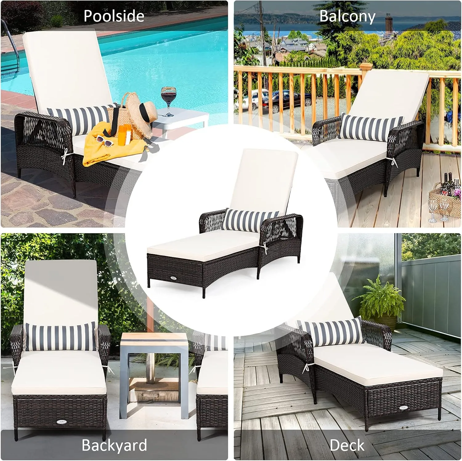 COSTWAY PE Rattan Chaise Lounge Chair, 6 Gear Adjustable Recliner with Armrest & Pillow, Wicker Outdoor Furniture for Deck, Patio (1, Brown)