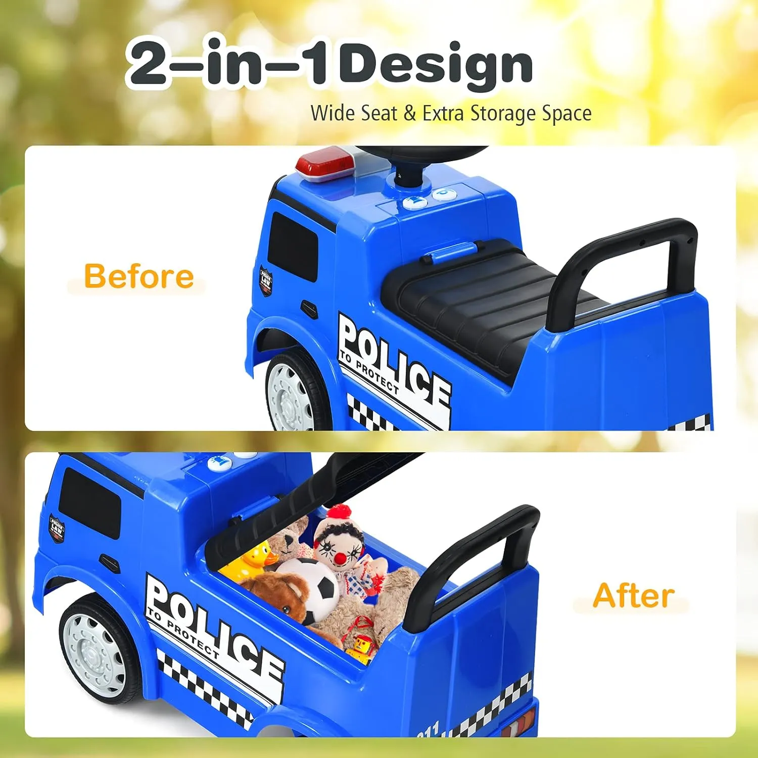Costzon Ride On Push Car for Toddlers, Licensed Mercedes Benz Sliding Car w/Steering Wheel, Horn, Headlights, Under Seat Storage, Foot-to-Floor Riding Toy for Boy Girl 18-36 Months (Police Car, Blue)