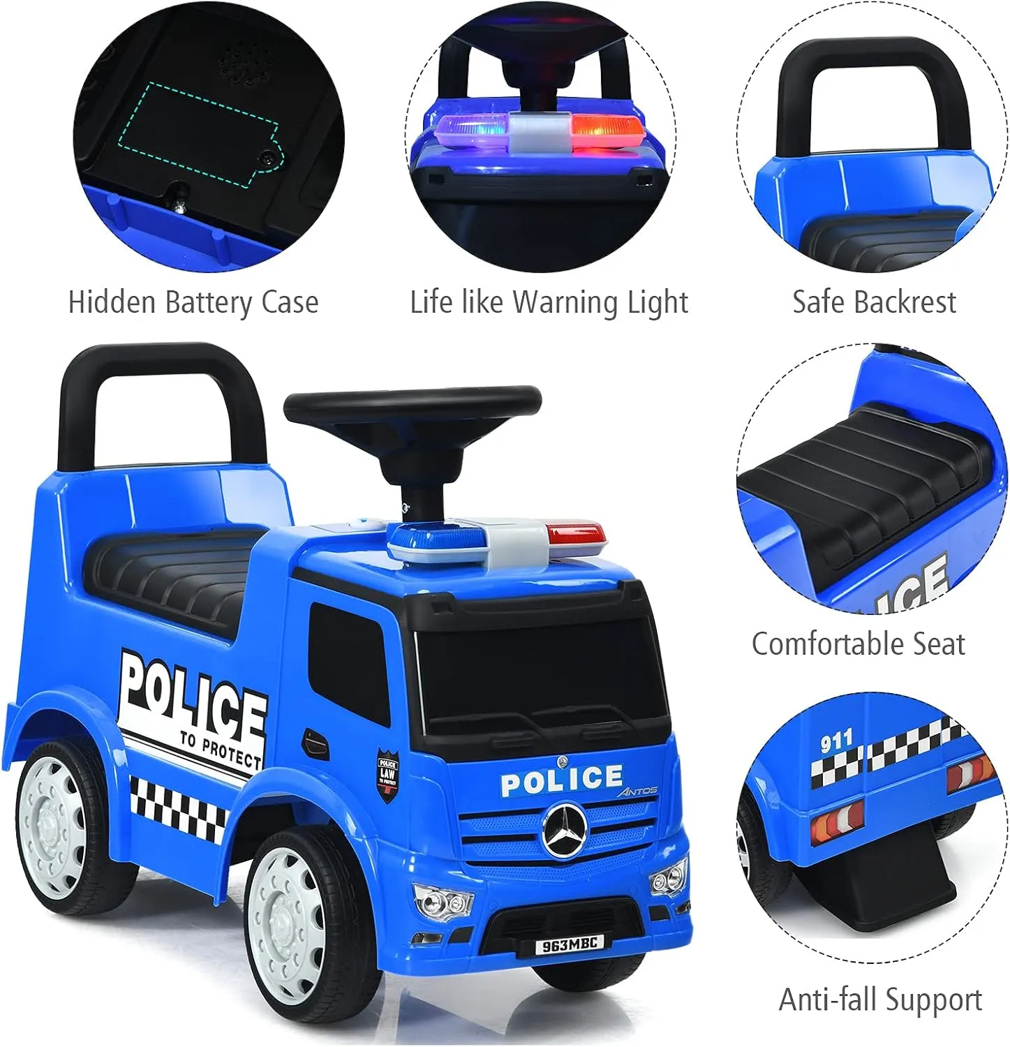 Costzon Ride On Push Car for Toddlers, Licensed Mercedes Benz Sliding Car w/Steering Wheel, Horn, Headlights, Under Seat Storage, Foot-to-Floor Riding Toy for Boy Girl 18-36 Months (Police Car, Blue)