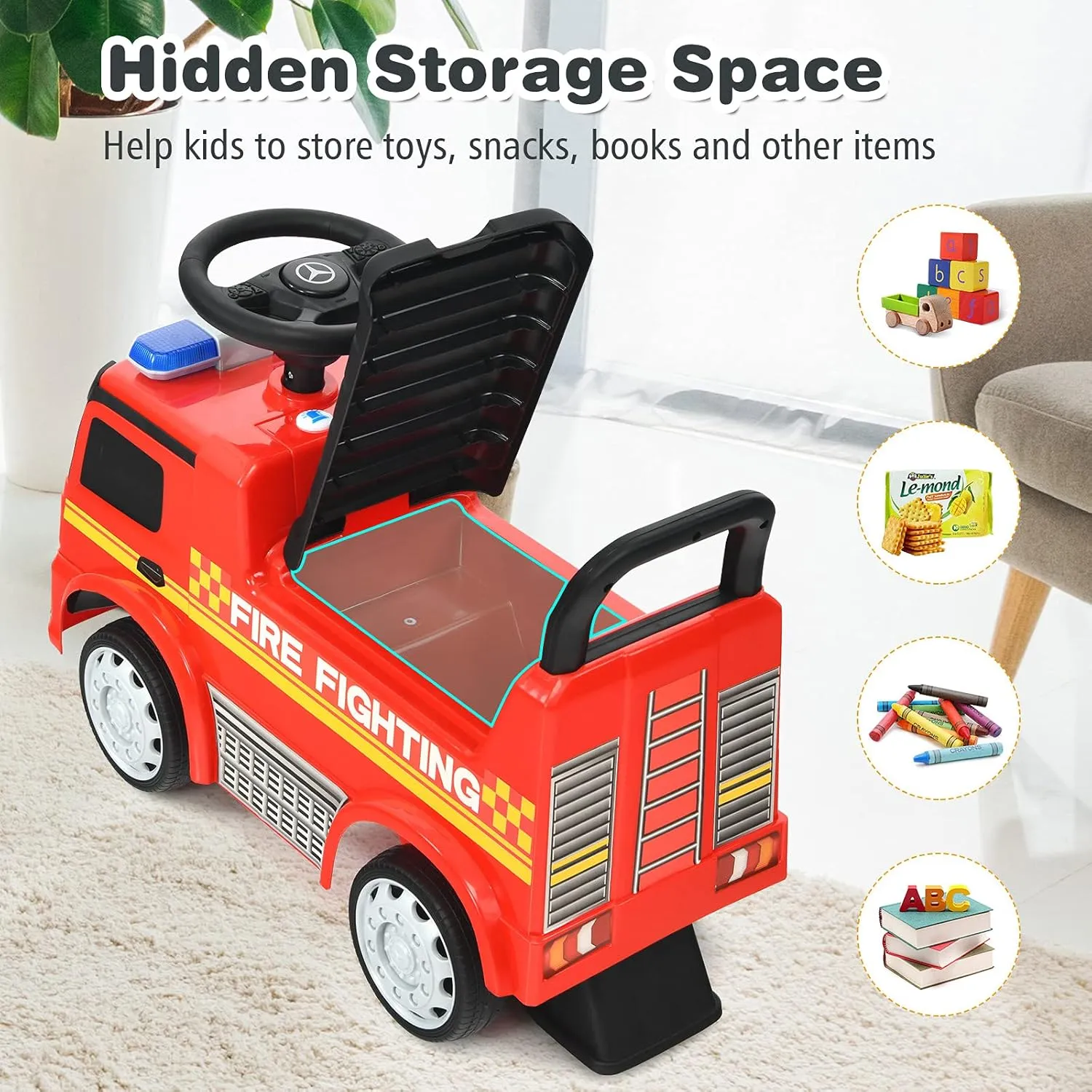 Costzon Ride On Push Car for Toddlers, Licensed Mercedes Benz Sliding Car w/Steering Wheel, Horn, Headlights, Under Seat Storage, Foot-to-Floor Riding Toy for Boys Girls 18-36 Months (Fire Truck, Red)