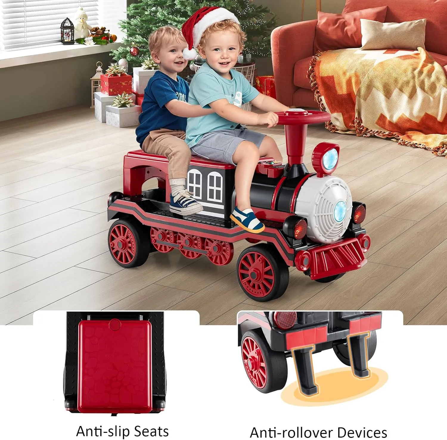 Costzon Ride on Train Trackless, 12V 2-Seater Ride on Toy with Train Whistle, LED Lights, Music & Removable Chair, Electric Train w/One-Button & Soft Start, Gift for Boys & Girls (2 Seaters,Red)
