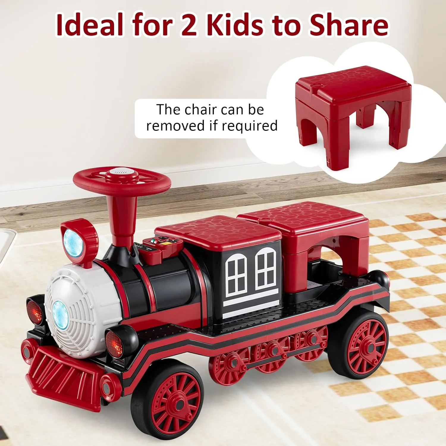Costzon Ride on Train Trackless, 12V 2-Seater Ride on Toy with Train Whistle, LED Lights, Music & Removable Chair, Electric Train w/One-Button & Soft Start, Gift for Boys & Girls (2 Seaters,Red)